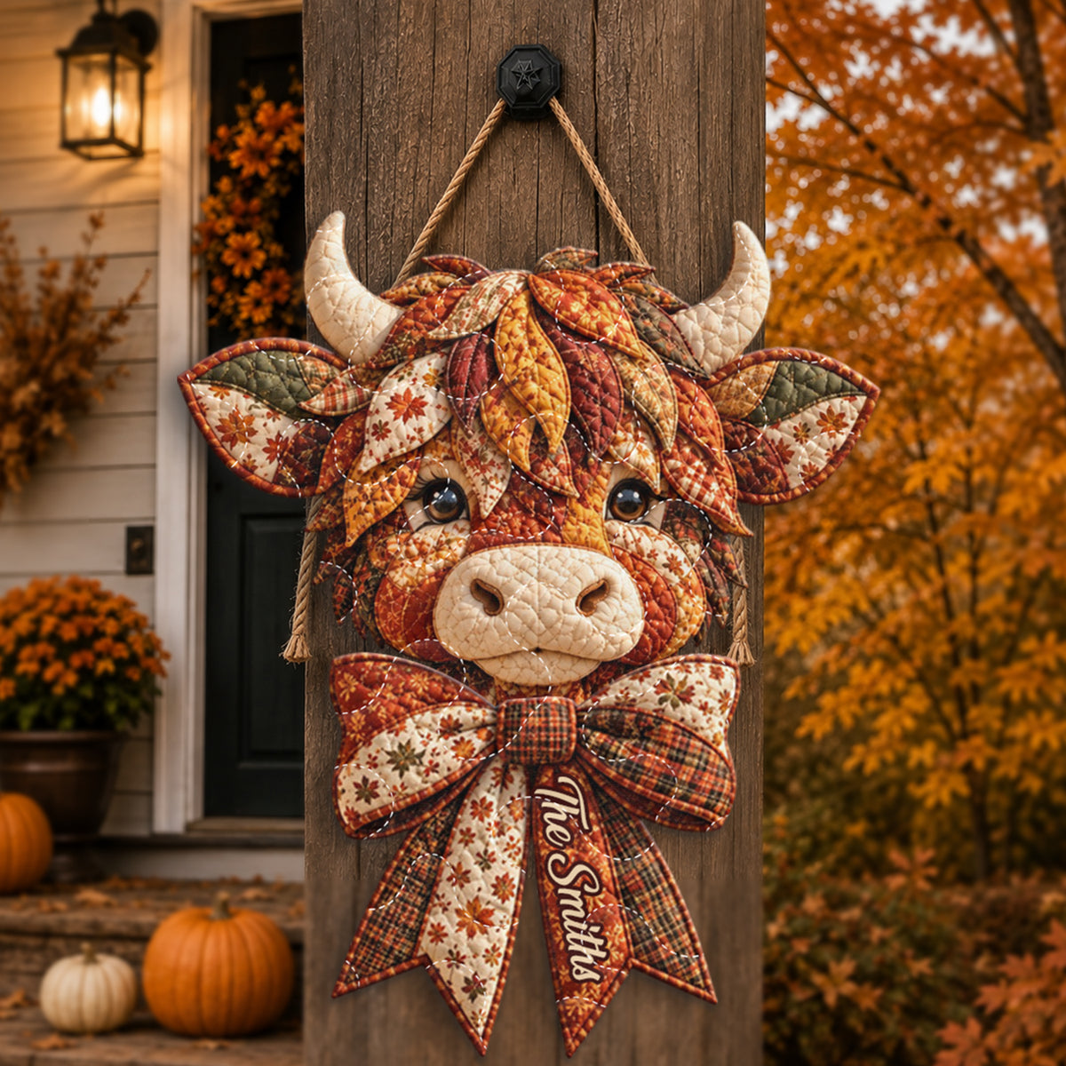 Vache des Highlands Saison Automne - Panneau de Porte Matelassé Personnalisé