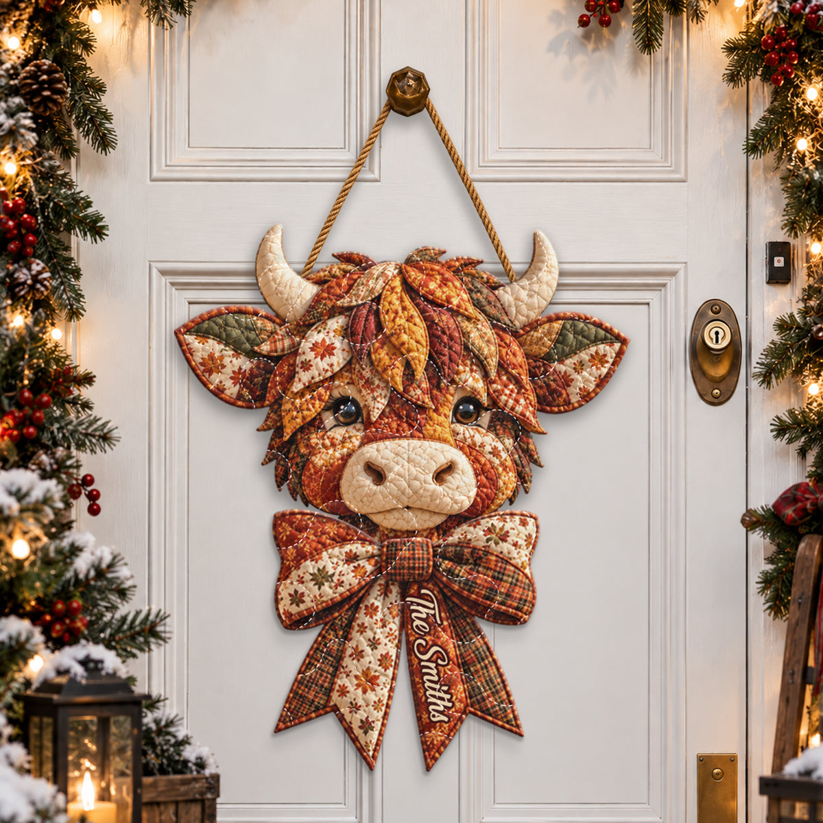 Vache des Highlands Saison Automne - Panneau de Porte Matelassé Personnalisé