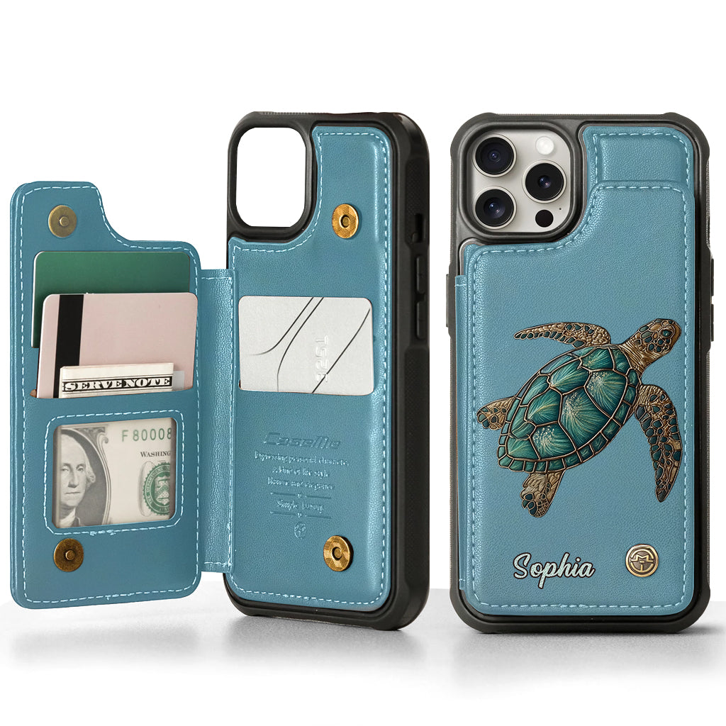 Étui portefeuille personnalisé pour téléphone portable avec une tortue - J'adore les tortues