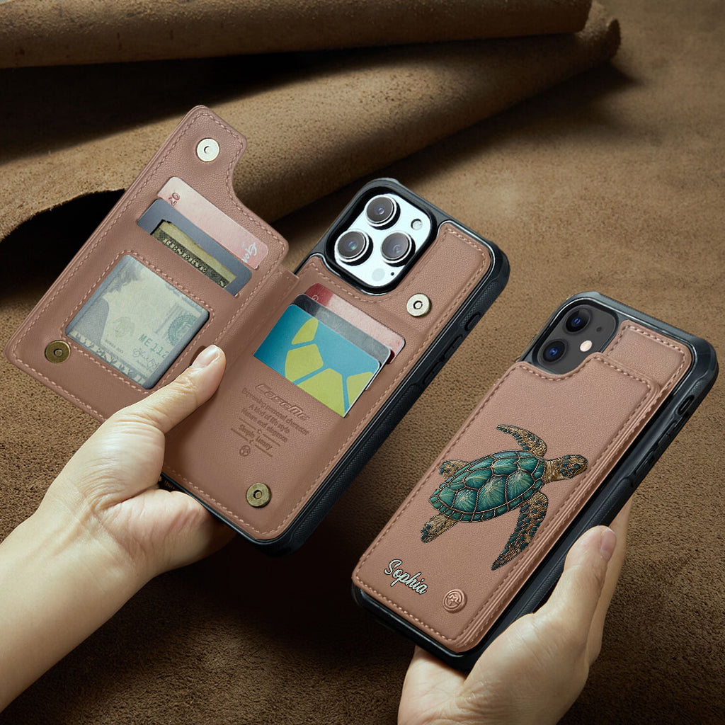 Étui portefeuille personnalisé pour téléphone portable avec une tortue - J'adore les tortues