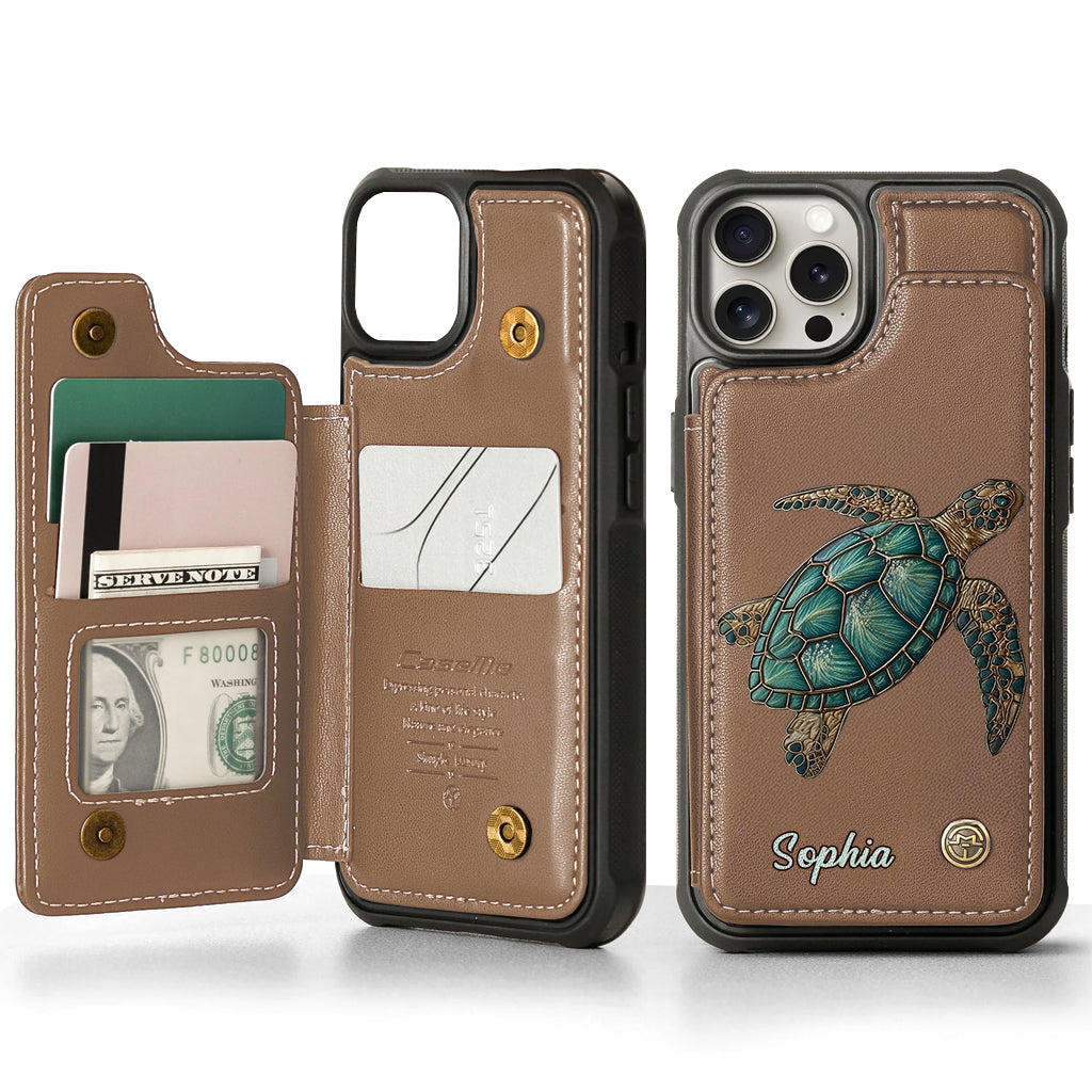 Étui portefeuille personnalisé pour téléphone portable avec une tortue - J'adore les tortues