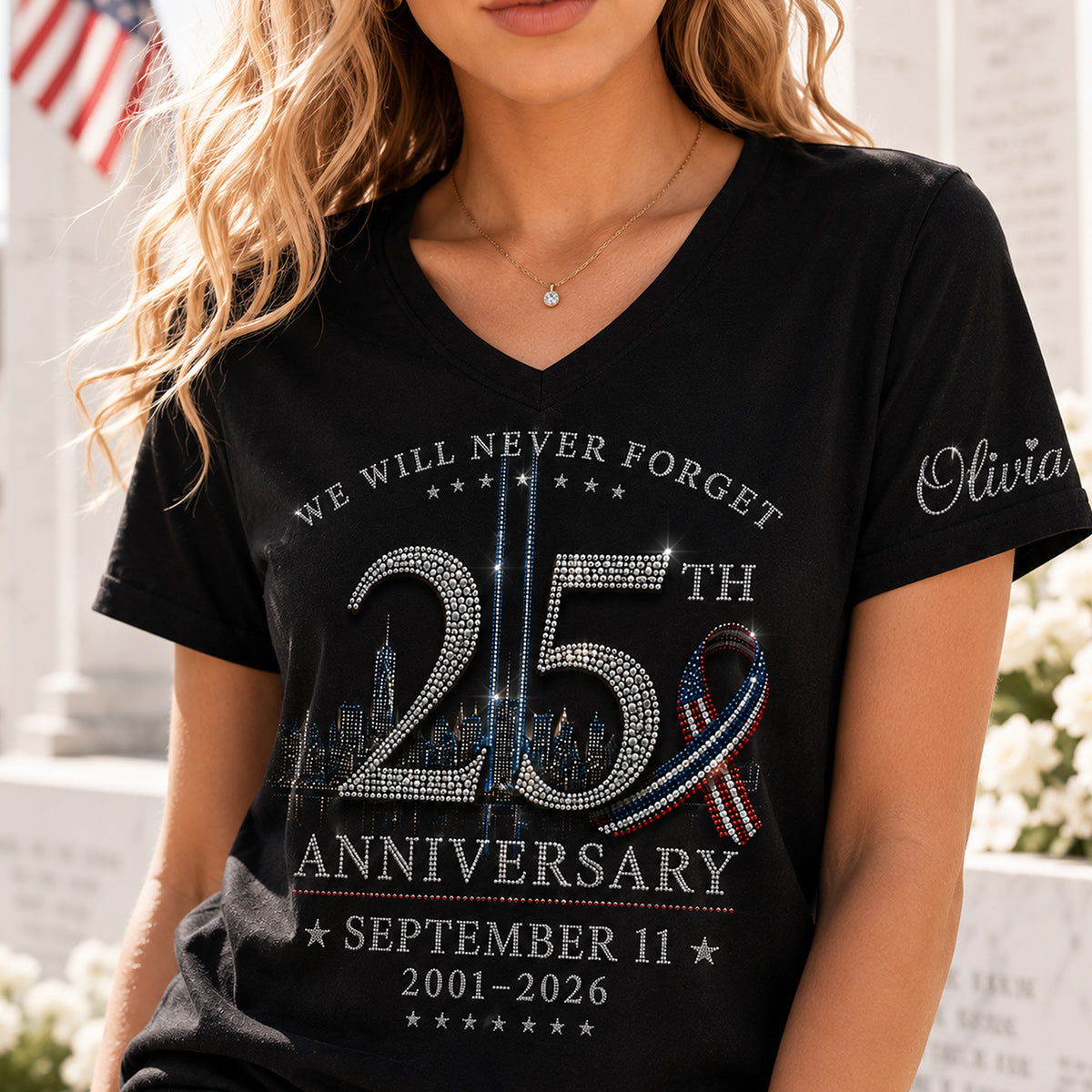 September 11 25th Anniversary Never Forget - Personalized EMT Fully Printed V-Neck T-Shirt
