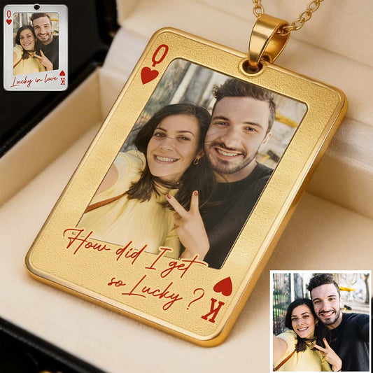 Carte à jouer personnalisée avec photo - Collier pendentif en métal personnalisé en forme de couple