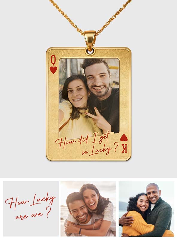 Carte à jouer personnalisée avec photo - Collier pendentif en métal personnalisé en forme de couple