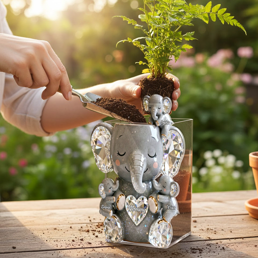 Cute Sparkling Mom - Personalized Elephant Acrylic Pot