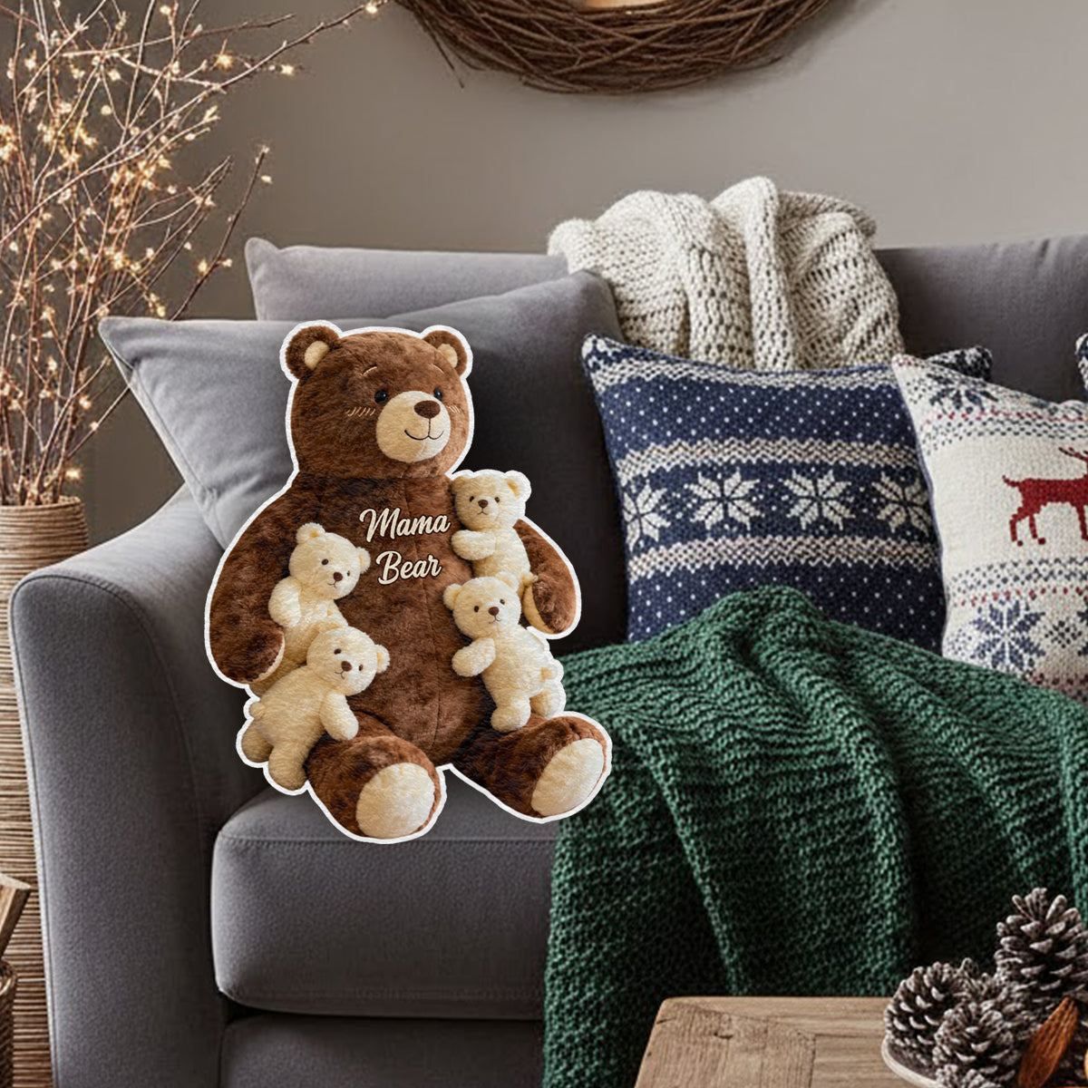 Coussin personnalisé en fausse fourrure « Maman Ours » en forme de maman