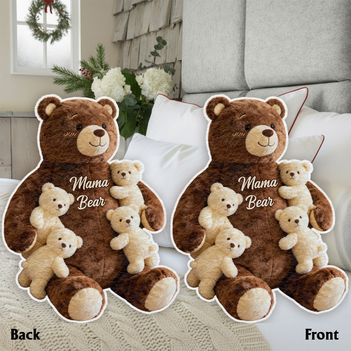 Coussin personnalisé en fausse fourrure « Maman Ours » en forme de maman