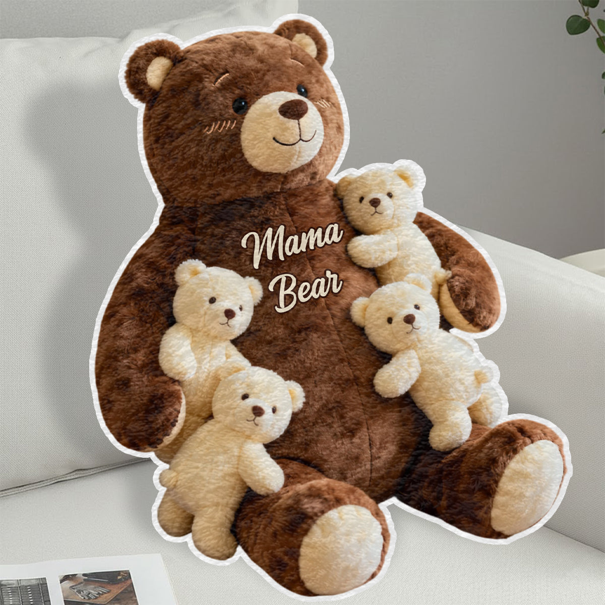 Coussin personnalisé en fausse fourrure « Maman Ours » en forme de maman