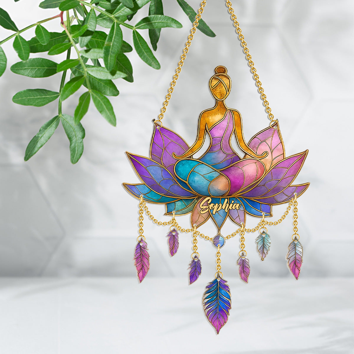 Temps de méditation - Attrape-soleil de yoga personnalisé à suspendre à la fenêtre avec breloques