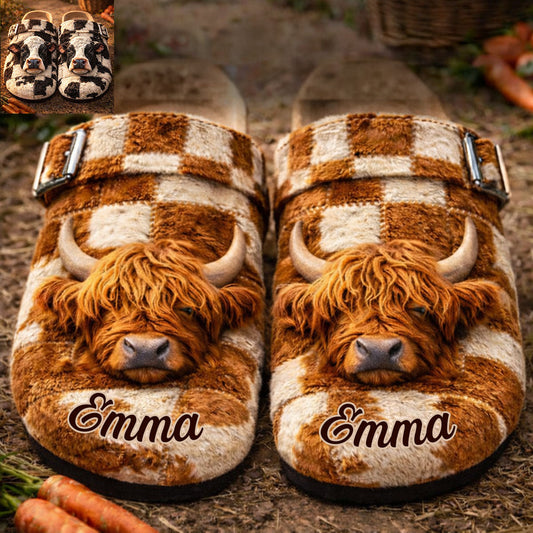 J'adore les vaches Highland et la vie à la ferme ! Sabots personnalisés avec soutien de la voûte plantaire.