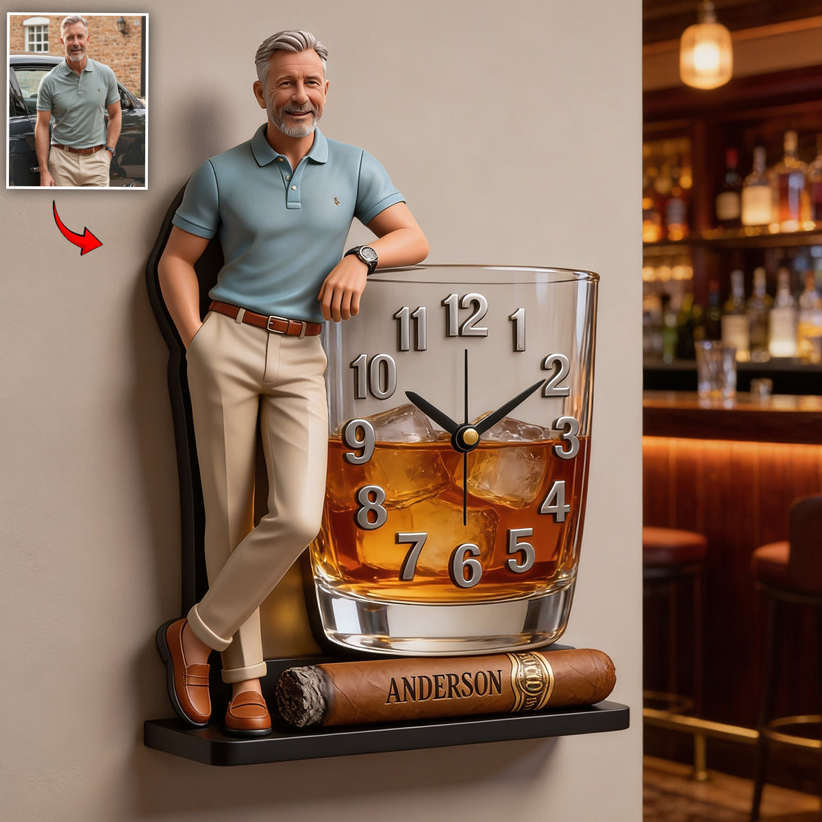 Horloge Murale Acrylique Personnalisée Photo & Cigare - Whisky Personnalisé