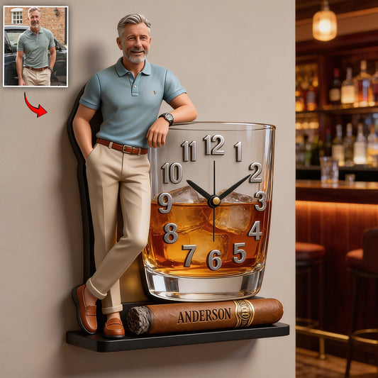 Horloge Murale Acrylique Personnalisée Photo & Cigare - Whisky Personnalisé