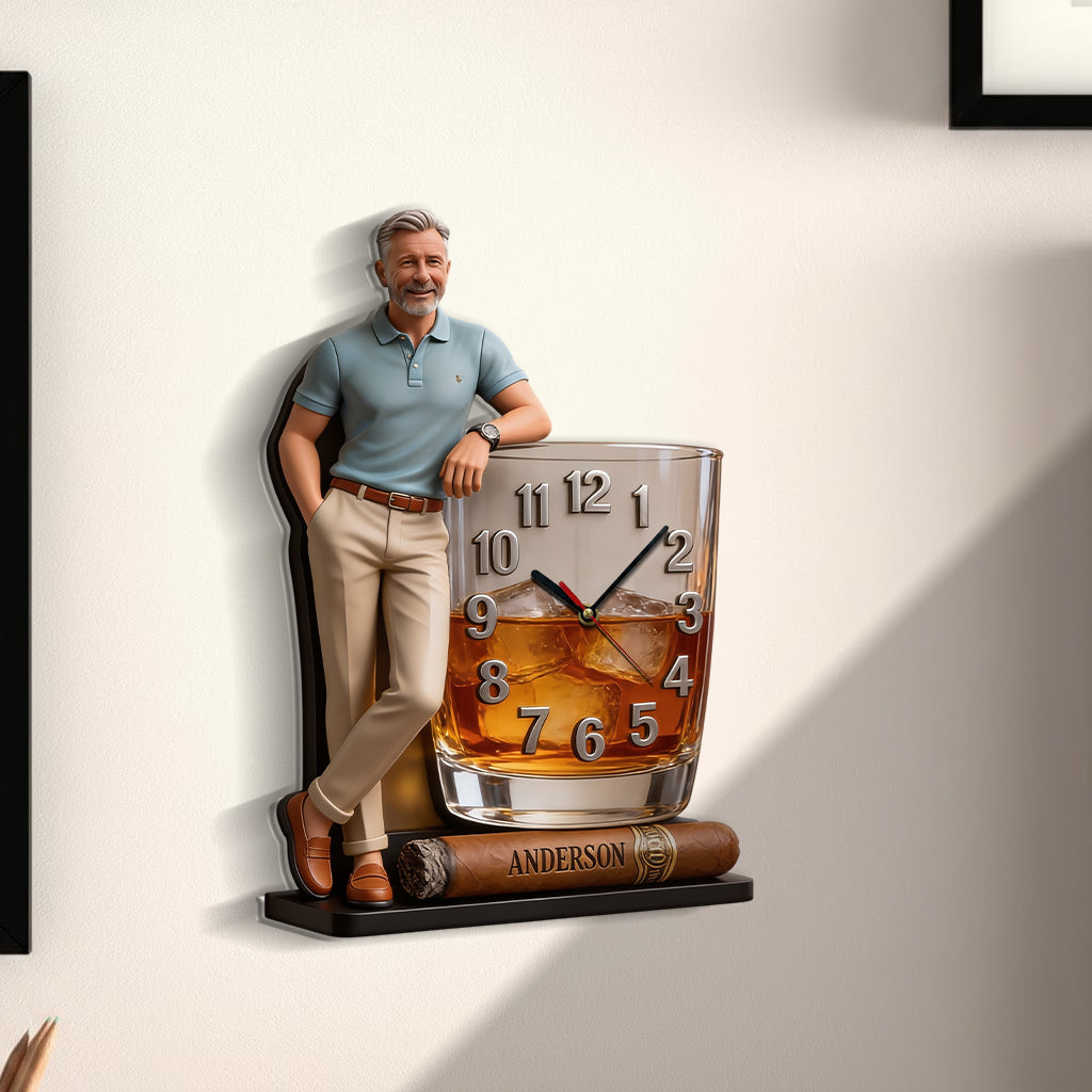 Horloge Murale Acrylique Personnalisée Photo & Cigare - Whisky Personnalisé