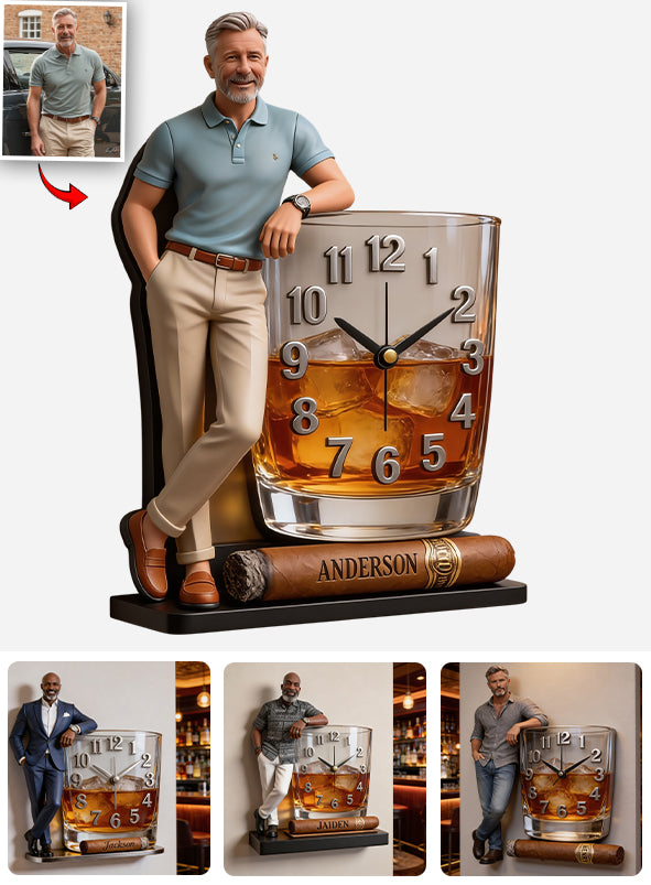 Horloge Murale Acrylique Personnalisée Photo & Cigare - Whisky Personnalisé