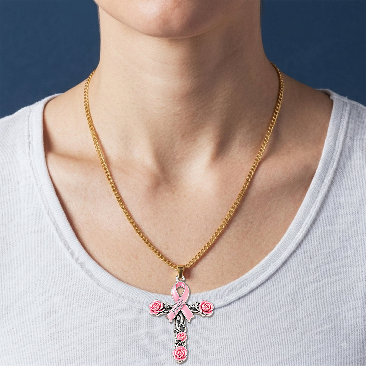 Faith Hope Love Ribbon - Personalized Breast Cancer Awareness Shaped Metal Pendant Necklace