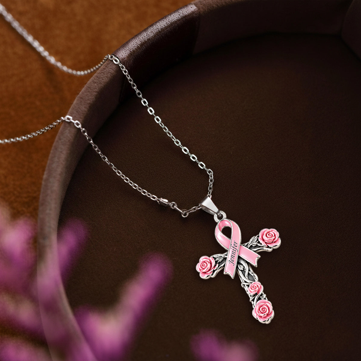 Faith Hope Love Ribbon - Personalized Breast Cancer Awareness Shaped Metal Pendant Necklace