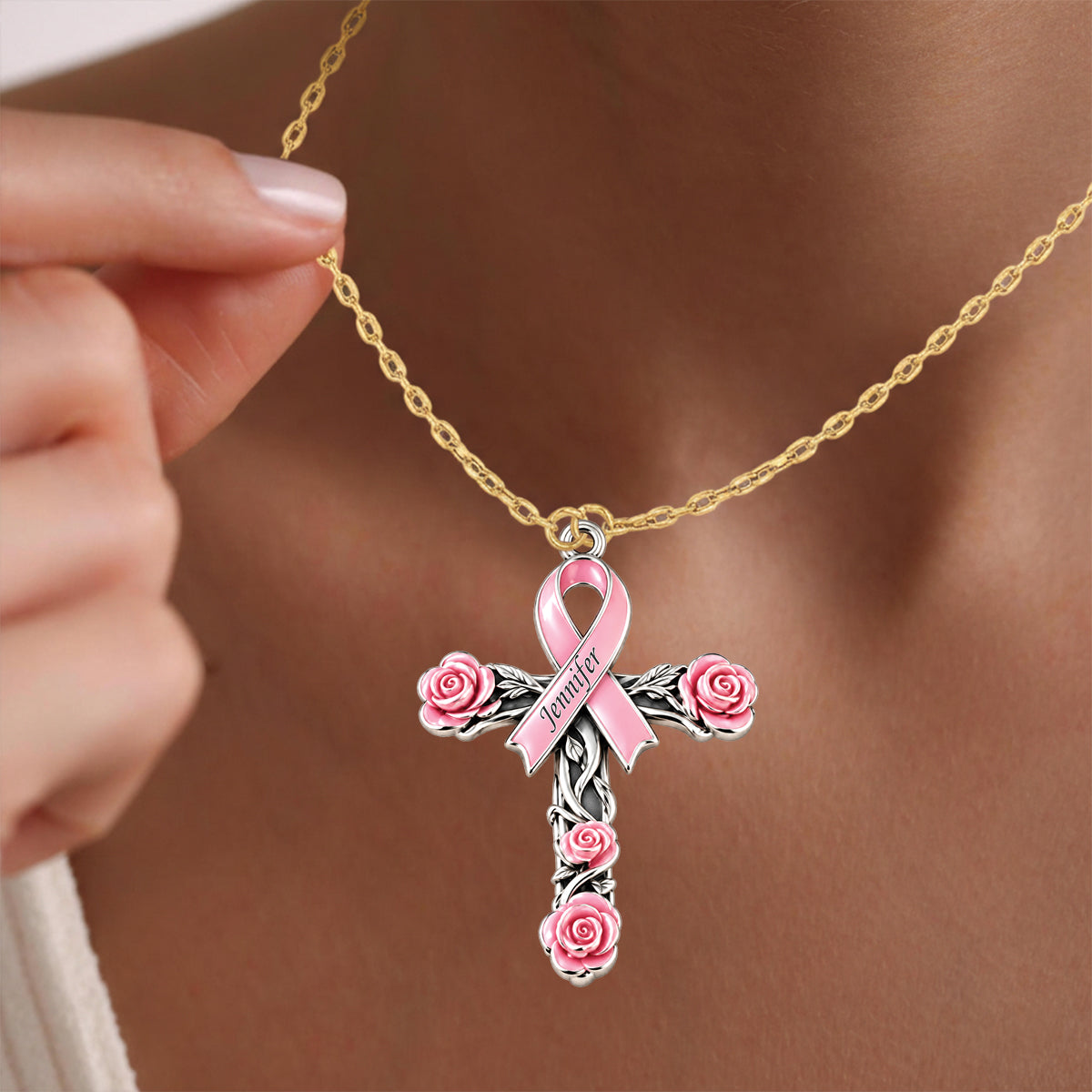 Faith Hope Love Ribbon - Personalized Breast Cancer Awareness Shaped Metal Pendant Necklace