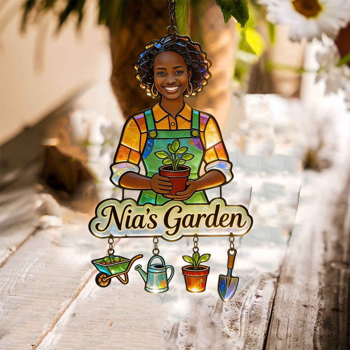 Photo Personnalisée - Attrape-Soleil de Jardin Suspendu Personnalisé Avec Charms