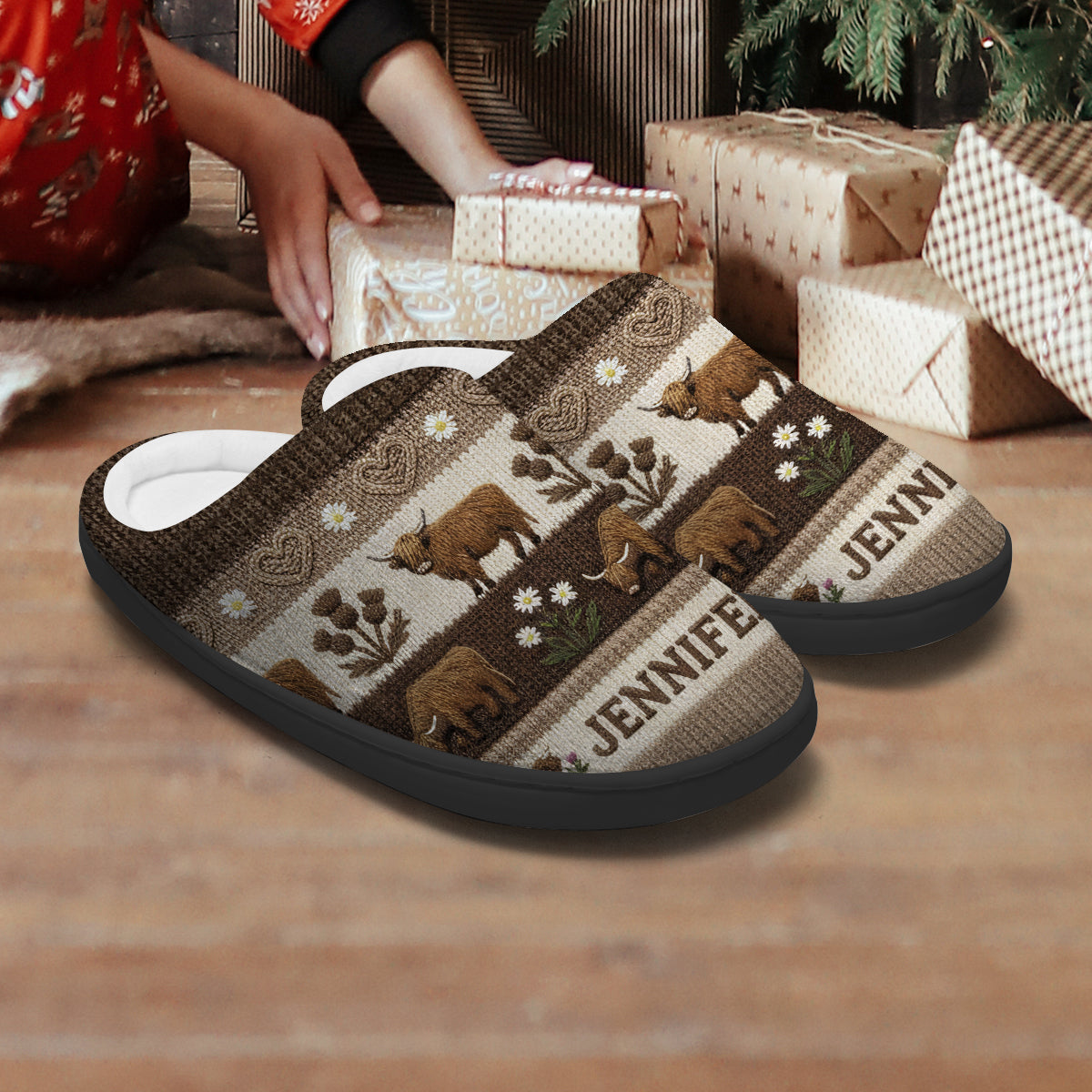Vie à la ferme - Pantoufles personnalisées en forme de vache des Highlands