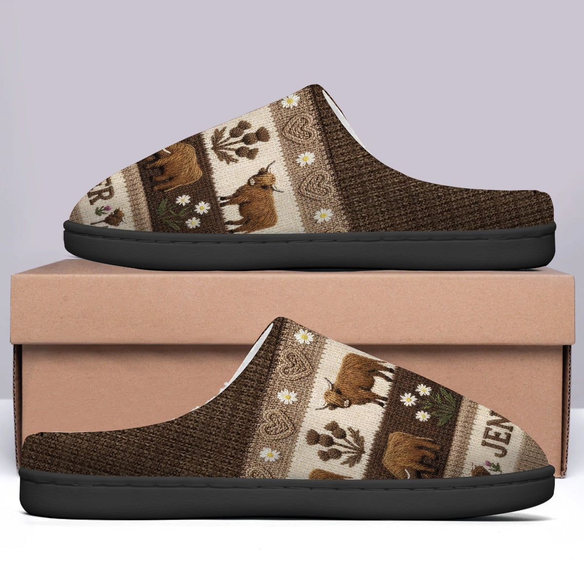 Vie à la ferme - Pantoufles personnalisées en forme de vache des Highlands