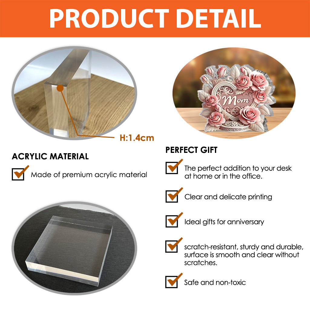 Cœur de roses roses - Plaque acrylique personnalisée pour maman