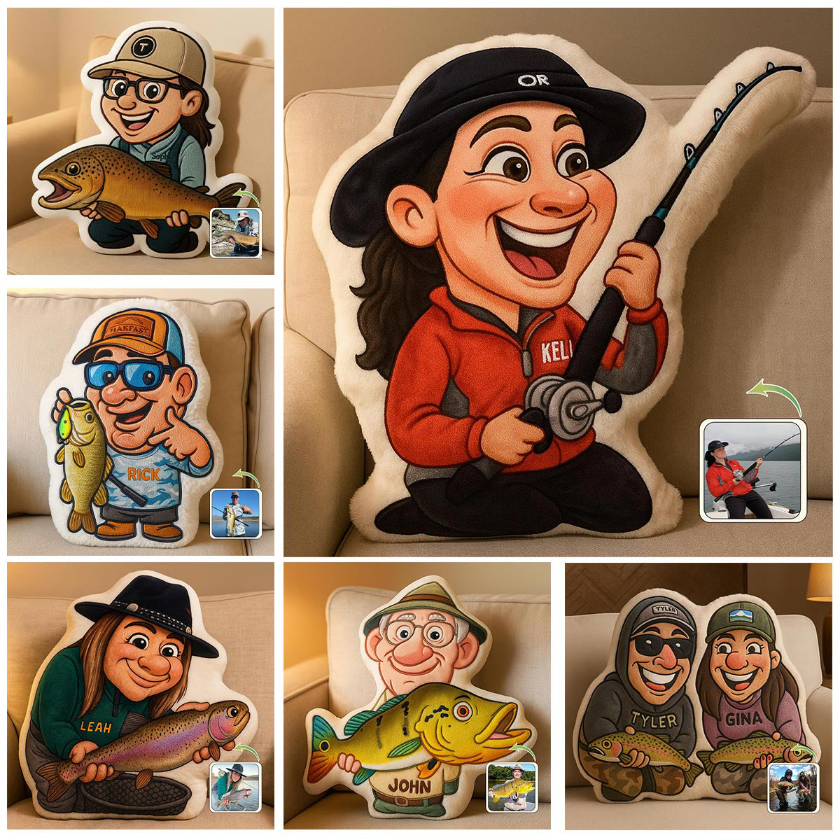 Coussin en fausse fourrure personnalisé en forme de pêcheur, motif caricature de dessin animé