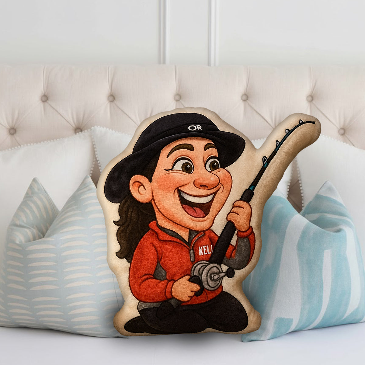 Coussin en fausse fourrure personnalisé en forme de pêcheur, motif caricature de dessin animé