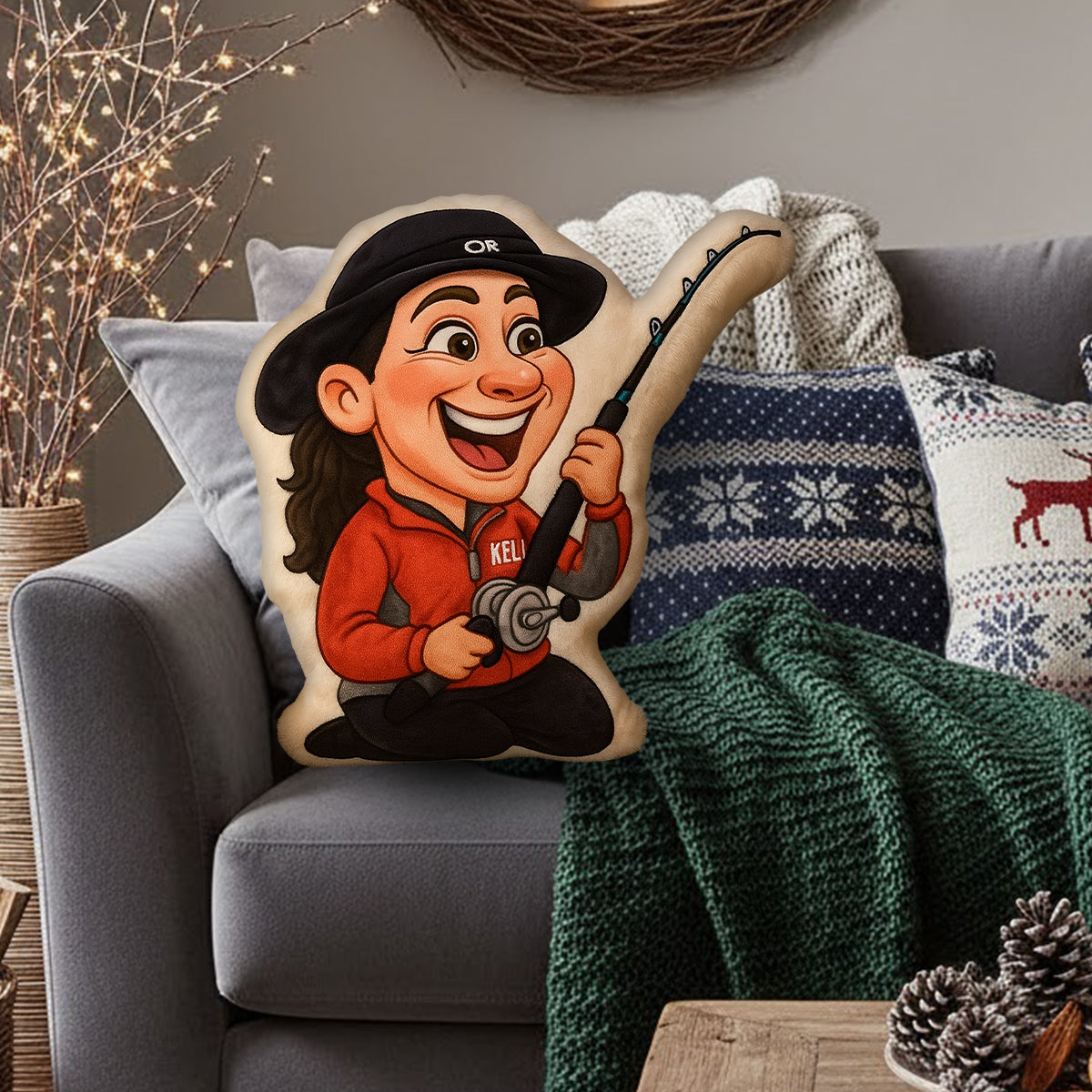 Coussin en fausse fourrure personnalisé en forme de pêcheur, motif caricature de dessin animé