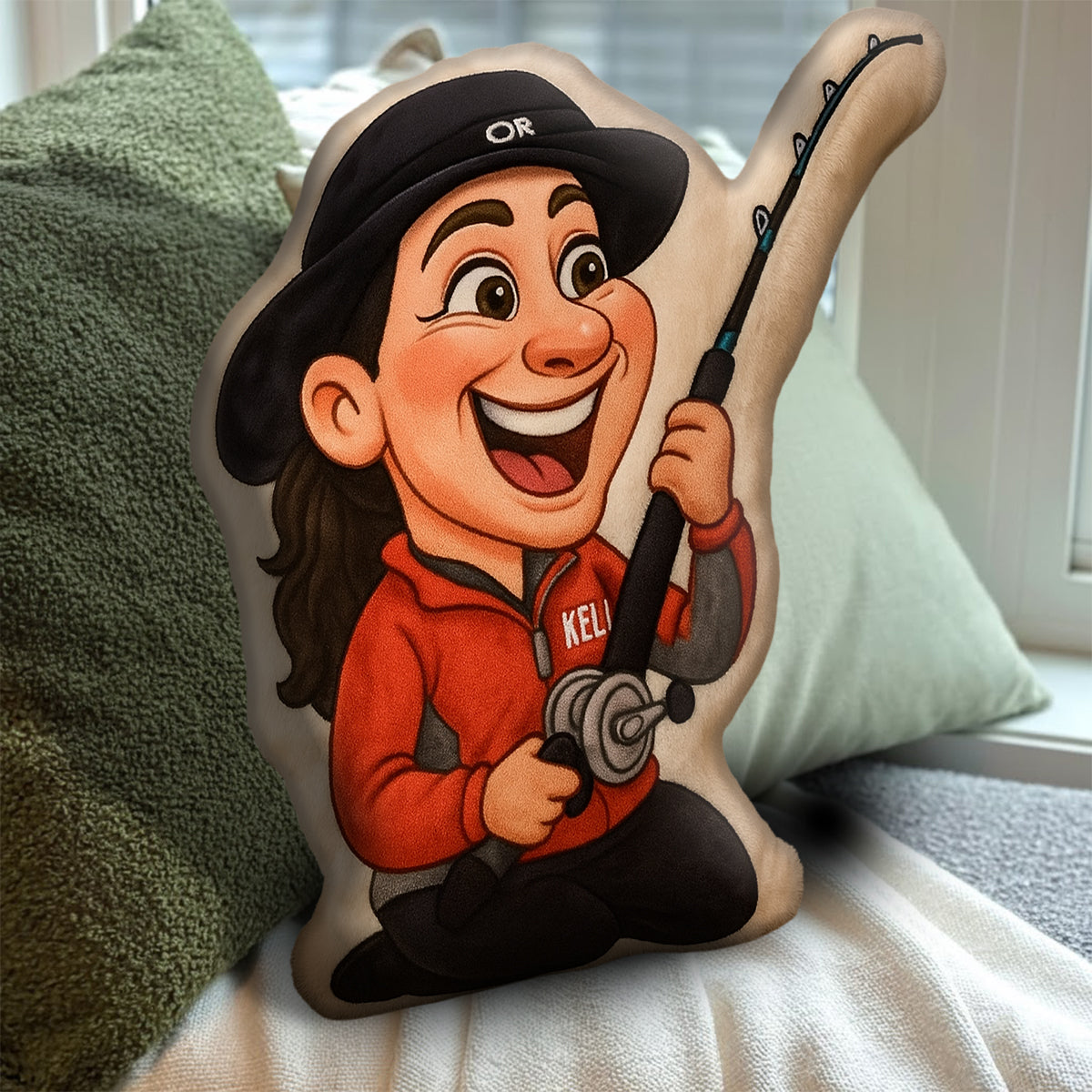 Coussin en fausse fourrure personnalisé en forme de pêcheur, motif caricature de dessin animé