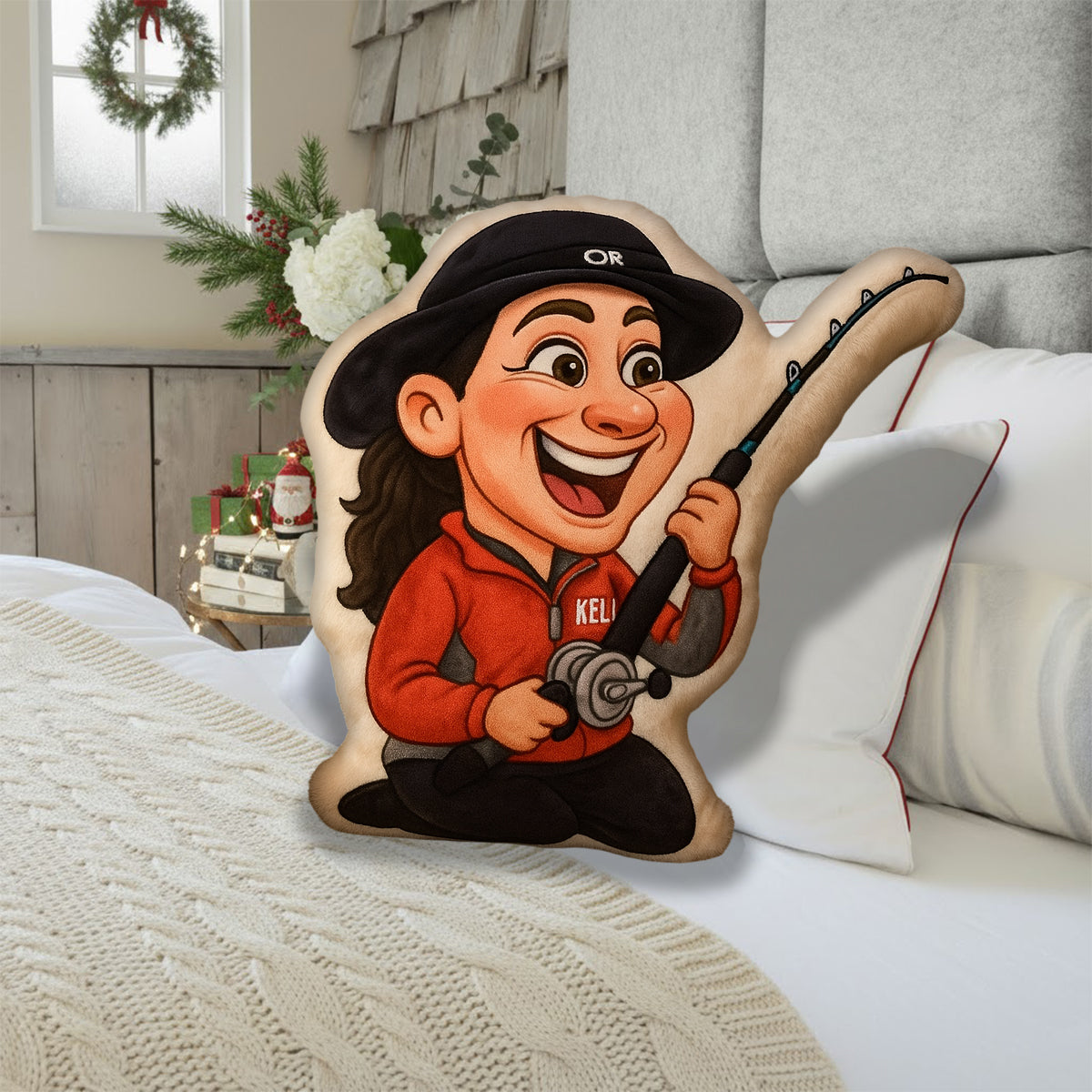 Coussin en fausse fourrure personnalisé en forme de pêcheur, motif caricature de dessin animé