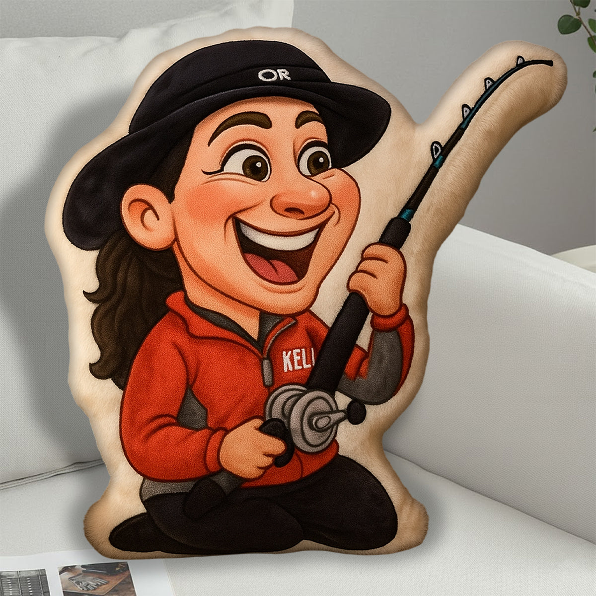 Coussin en fausse fourrure personnalisé en forme de pêcheur, motif caricature de dessin animé