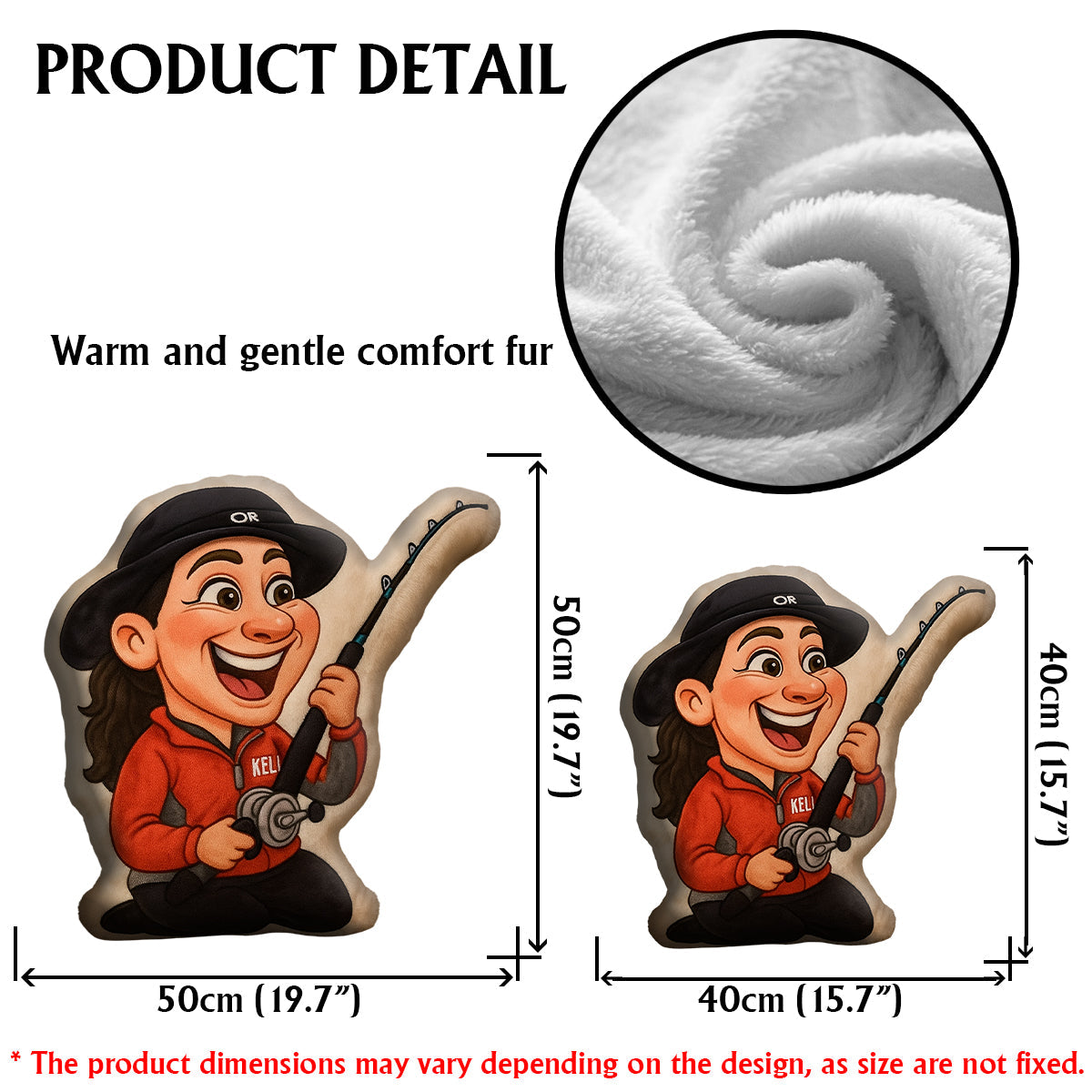 Coussin en fausse fourrure personnalisé en forme de pêcheur, motif caricature de dessin animé