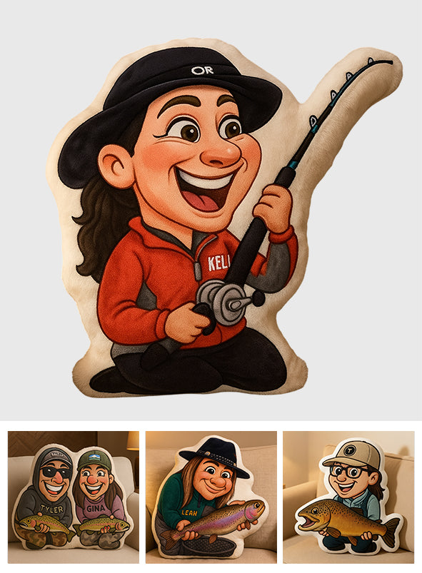 Coussin en fausse fourrure personnalisé en forme de pêcheur, motif caricature de dessin animé
