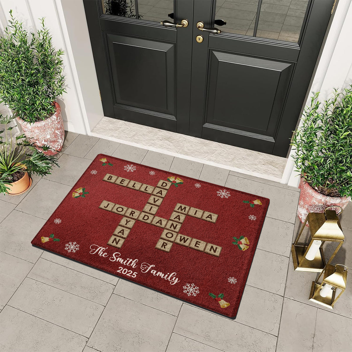 Tapis de sol personnalisé pour la famille, motif mots croisés et Scrabble - Antidérapant