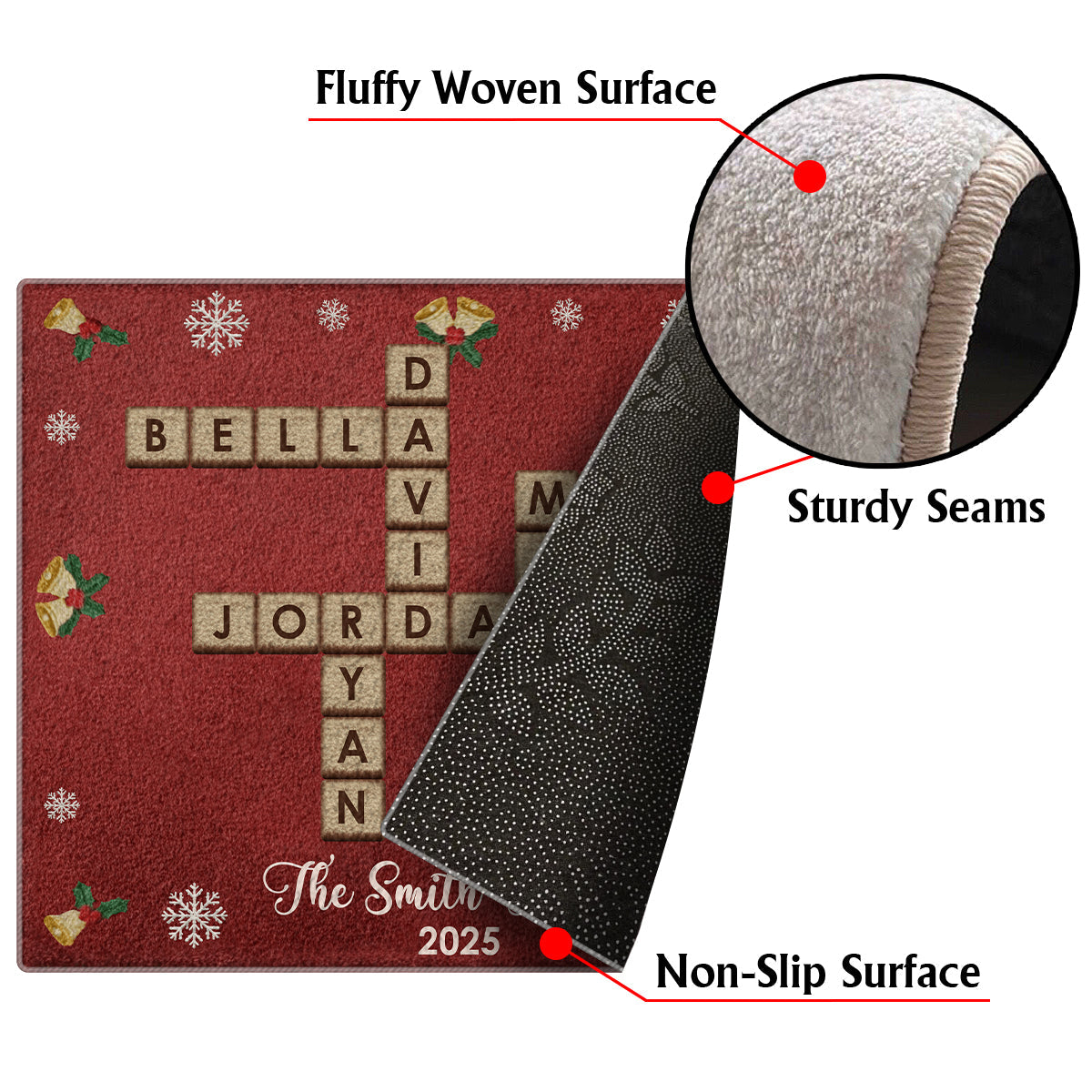 Tapis de sol personnalisé pour la famille, motif mots croisés et Scrabble - Antidérapant