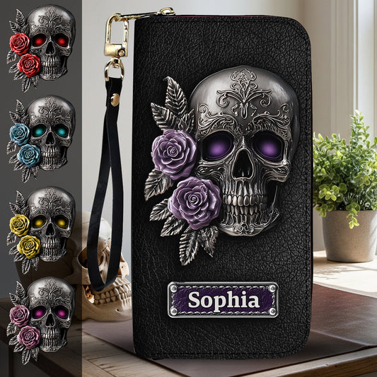 Portefeuille long en cuir personnalisé Tête de mort et Roses