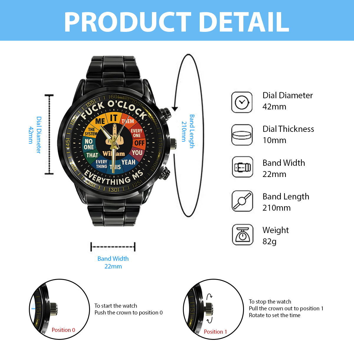 Montre « F*ck O'Clock », cadeau humoristique pour lui ou vos amis - Montre à main sarcastique personnalisée