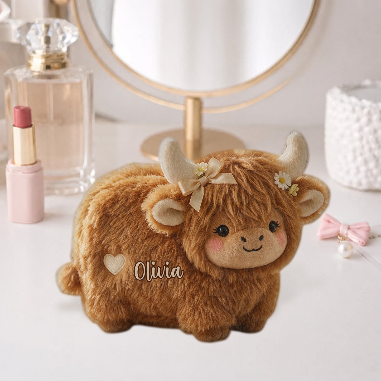 Adorable Highland Blooms - Personalized Highland Cow Plush Pouch