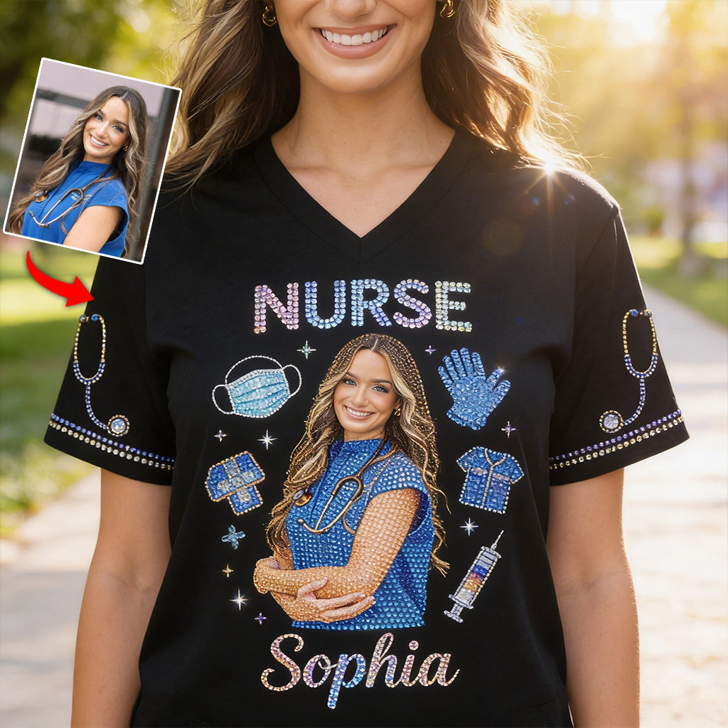 Photo Personnalisée, Titre Personnalisé - T-Shirt V-Cou Imprimé pour Infirmière