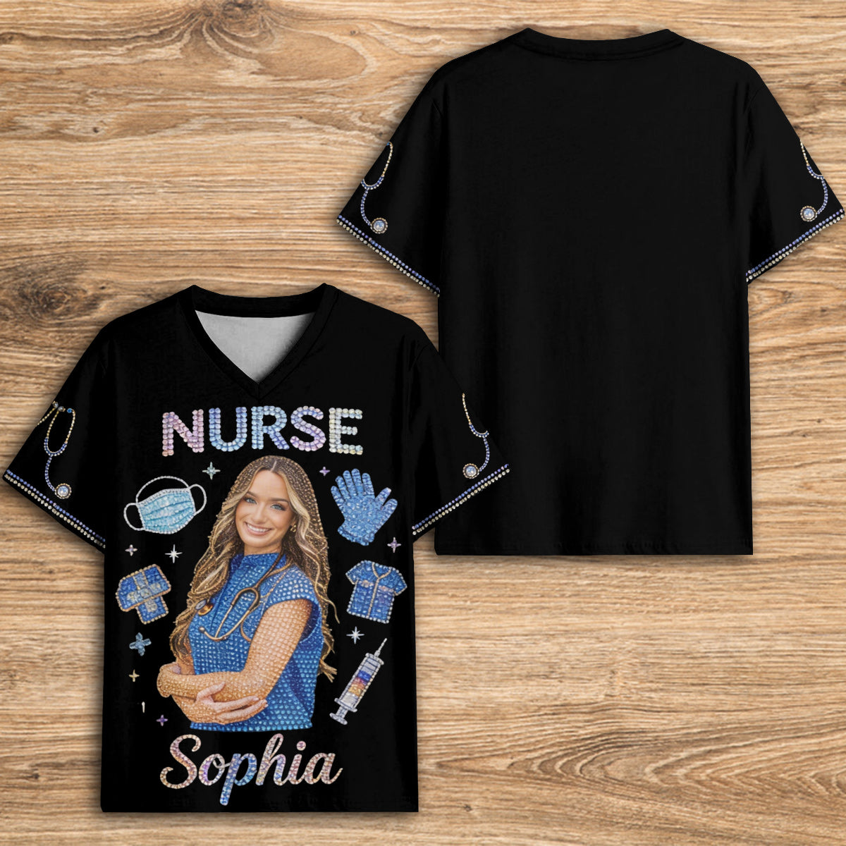 Photo Personnalisée, Titre Personnalisé - T-Shirt V-Cou Imprimé pour Infirmière