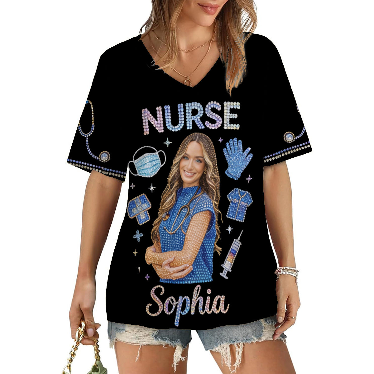 Photo Personnalisée, Titre Personnalisé - T-Shirt V-Cou Imprimé pour Infirmière