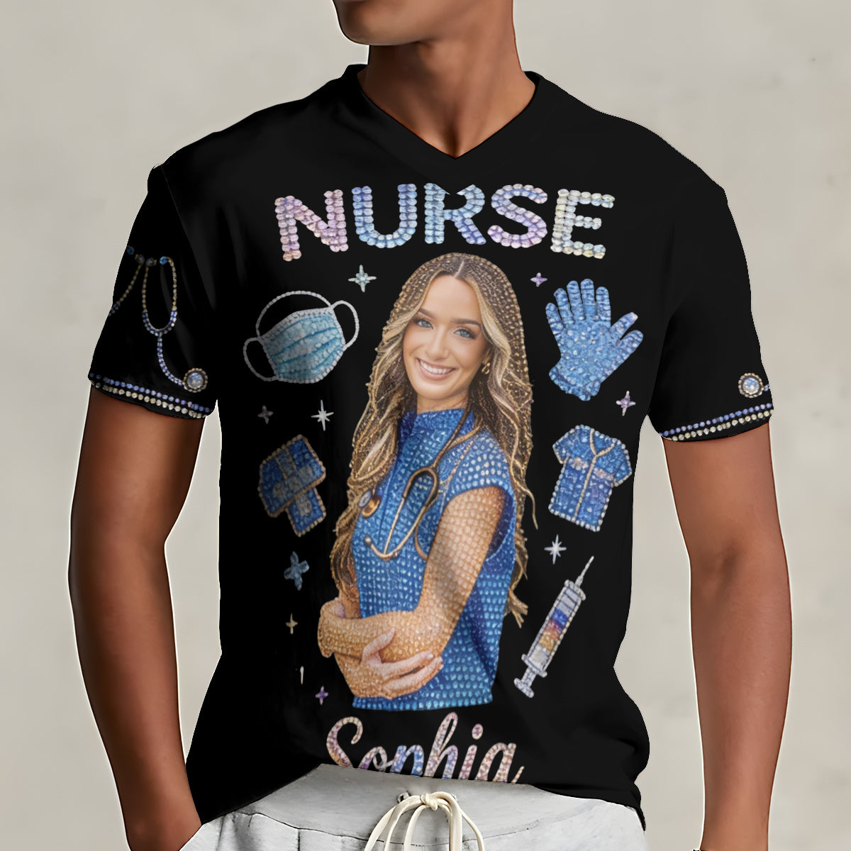 Photo Personnalisée, Titre Personnalisé - T-Shirt V-Cou Imprimé pour Infirmière