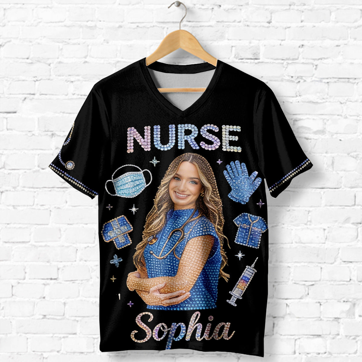 Photo Personnalisée, Titre Personnalisé - T-Shirt V-Cou Imprimé pour Infirmière