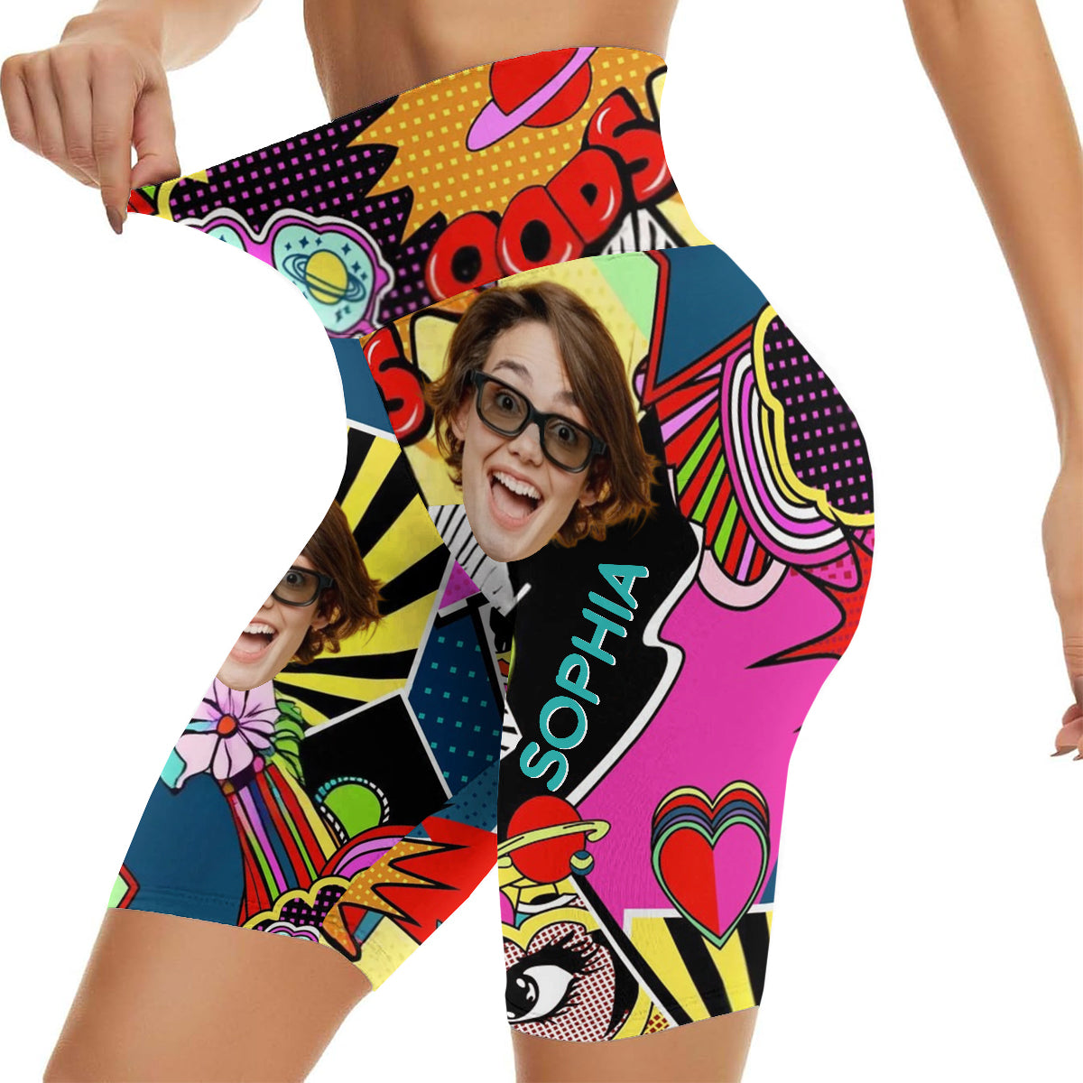 Short cycliste taille haute personnalisé avec motif coloré - Amoureux des dessins animés