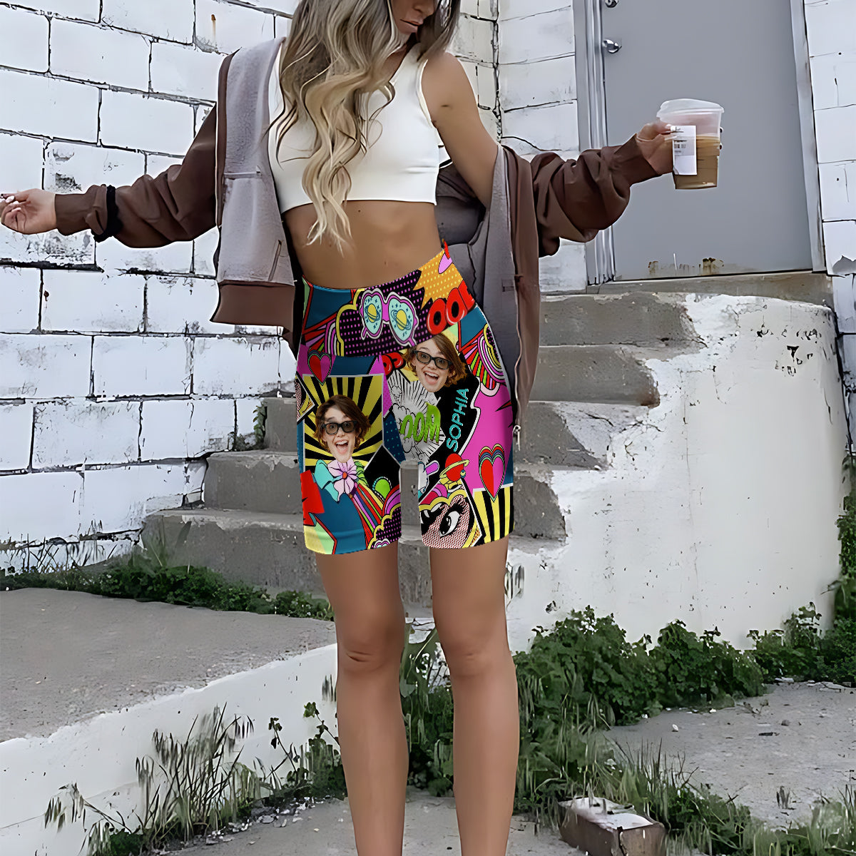 Short cycliste taille haute personnalisé avec motif coloré - Amoureux des dessins animés