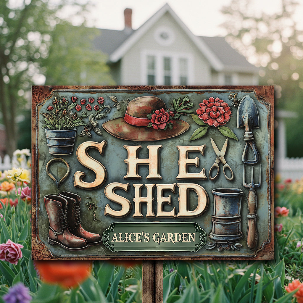 She Shed - Panneau métallique rectangulaire personnalisé pour le jardinage