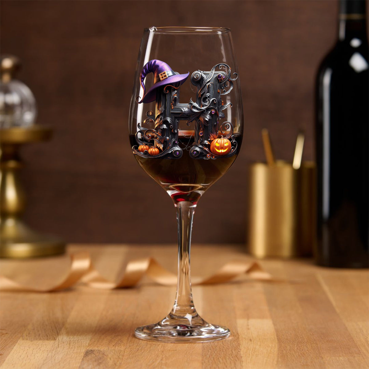 Verre à vin personnalisé avec initiale de sorcière et longue tige