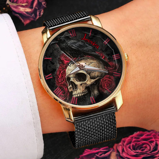 Montre-bracelet personnalisée pour femme Night Skull Raven - Tête de mort 