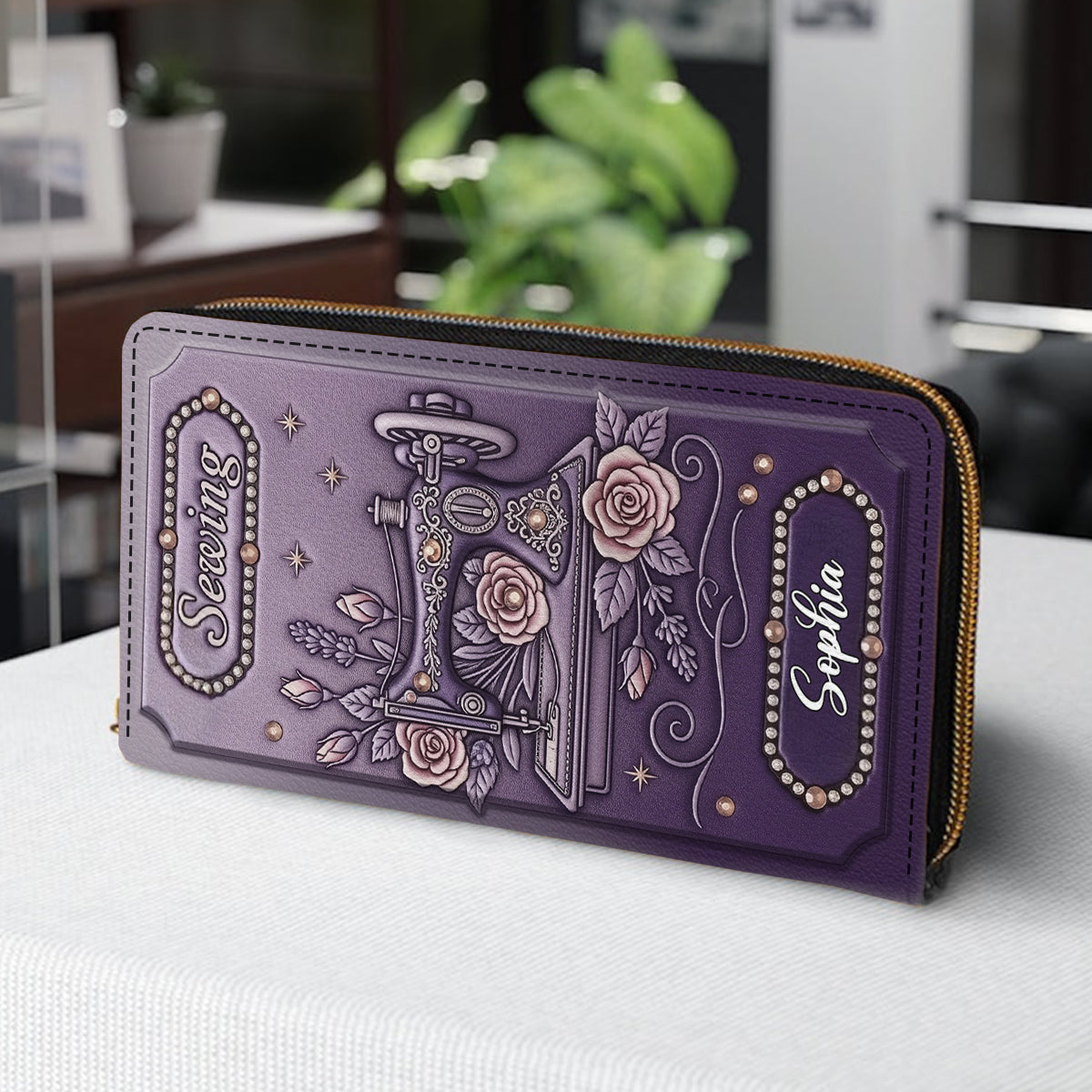 Passionnée de couture - Portefeuille long en cuir personnalisé