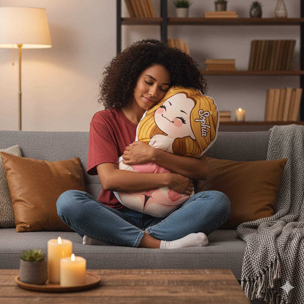 Coussin personnalisé en forme de couple avec illustrations chibi amusantes